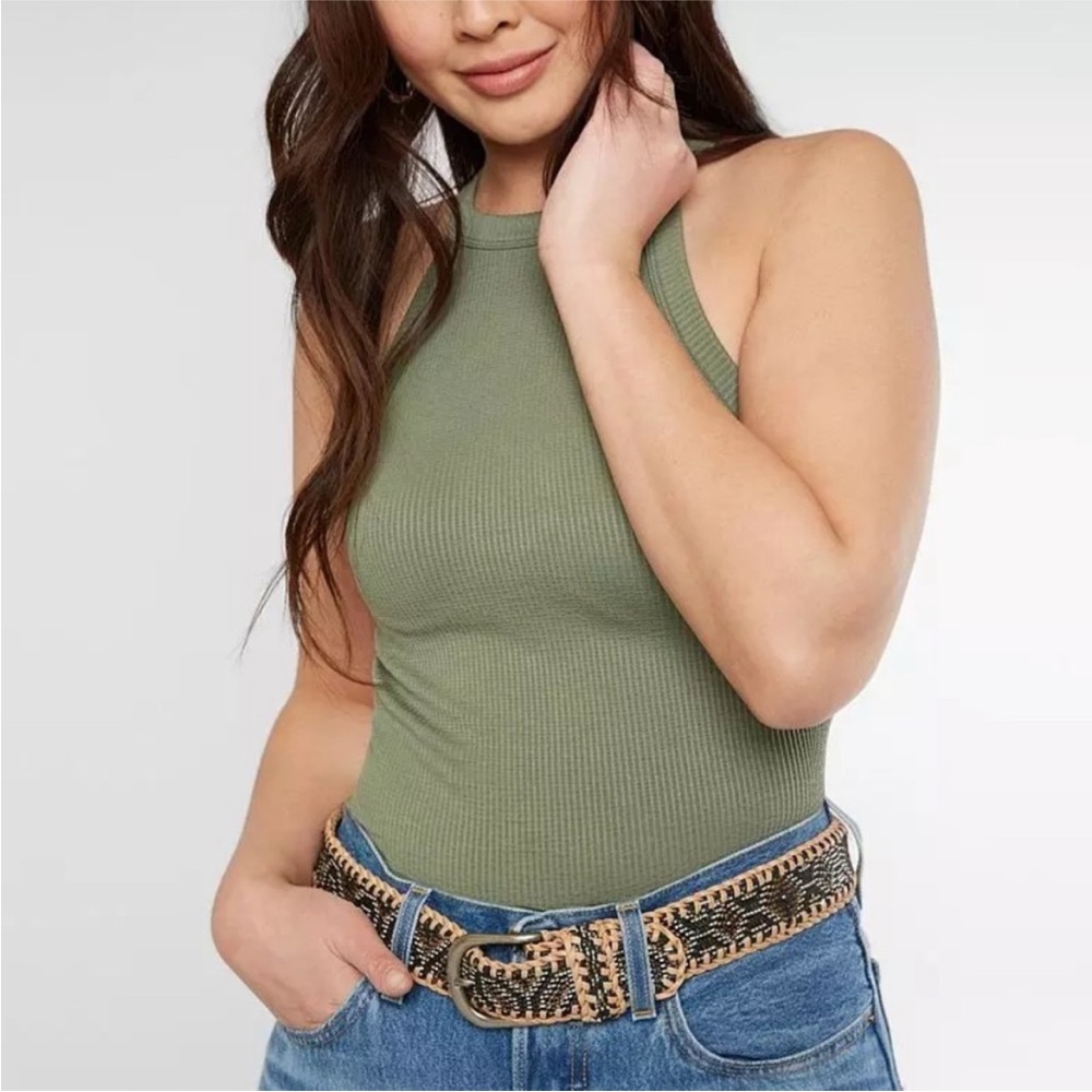 Free People Olive Ribbed high neck tank